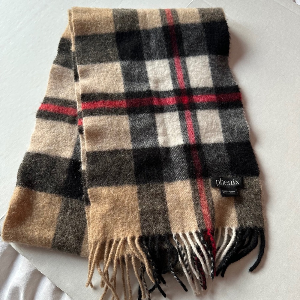 Phenix 100% Cashmere Plaid Scarf Tan Black Red Fringe Unisex Luxury Winter Wrap